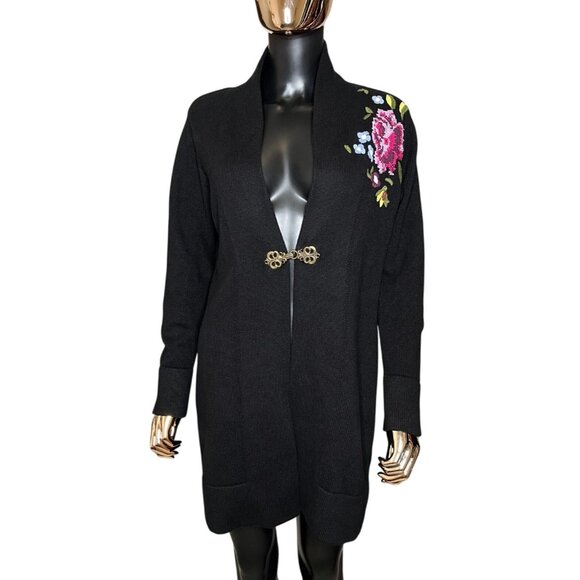 Soft Surroundings Black Oversized Floral Embroidered Longline Duster Cardigan XS - Picture 3 of 15
